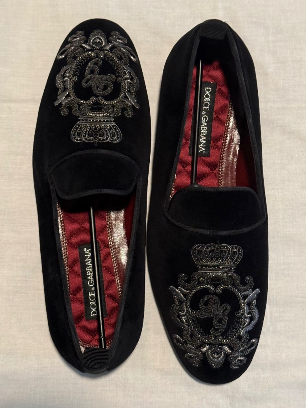 Dolce & Gabbana Black Velvet Embroidered Gold Crown Mens Loafer Shoes AU 9/US 10
